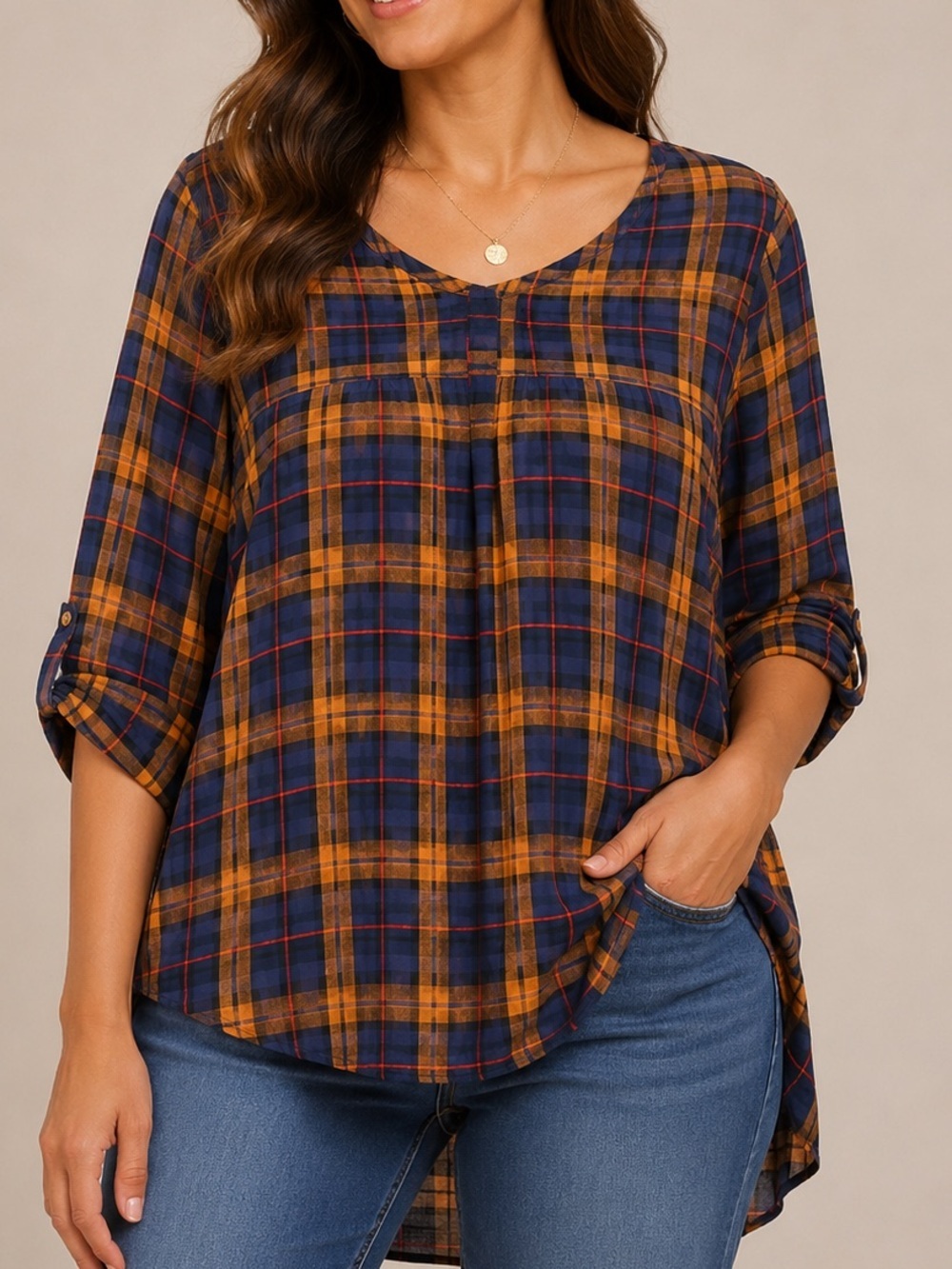 Topshop Navy and Mustard Plaid V-Neck Roll-Sleeve Tunic SIZE 10